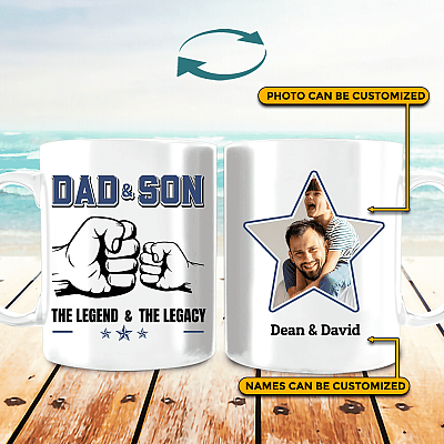 Alternative view of Custom Photo Dad And Son The Legend The Legacy Coffee Mug - Beer Stein - Water Bottle - Color Changing Mug