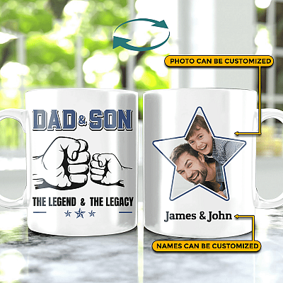 Custom Photo Dad And Son The Legend The Legacy Coffee Mug - Beer Stein - Water Bottle - Color Changing Mug