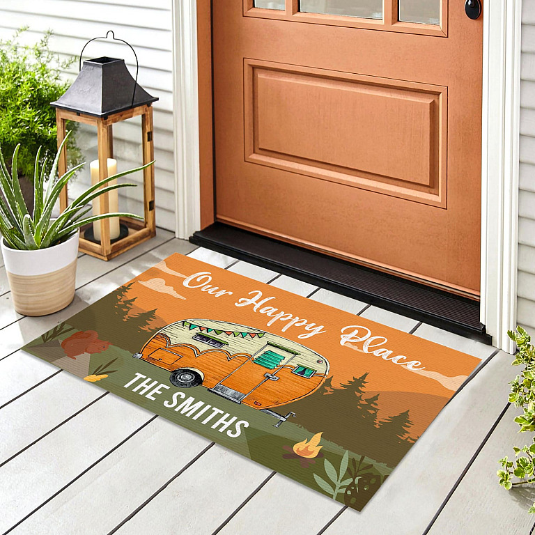 Personalized Camper Doormat Our Happy Place Custom Camping Door