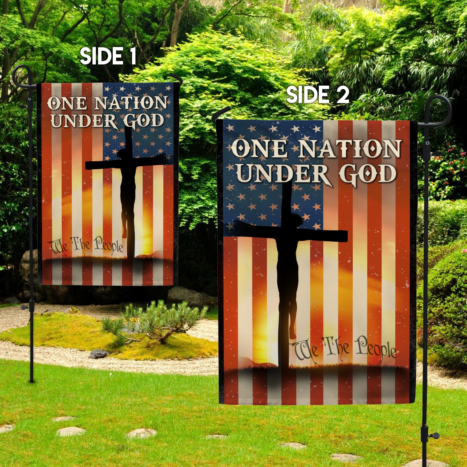 5. One Nation Under God1 Garden Flag Mockup 2 Side