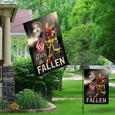 Alternative view of Honor The Fallen Jesus Firefighter American Flag Outdoor House Flag - Firefighter Memorial Jesus Cross Home Garden Flag