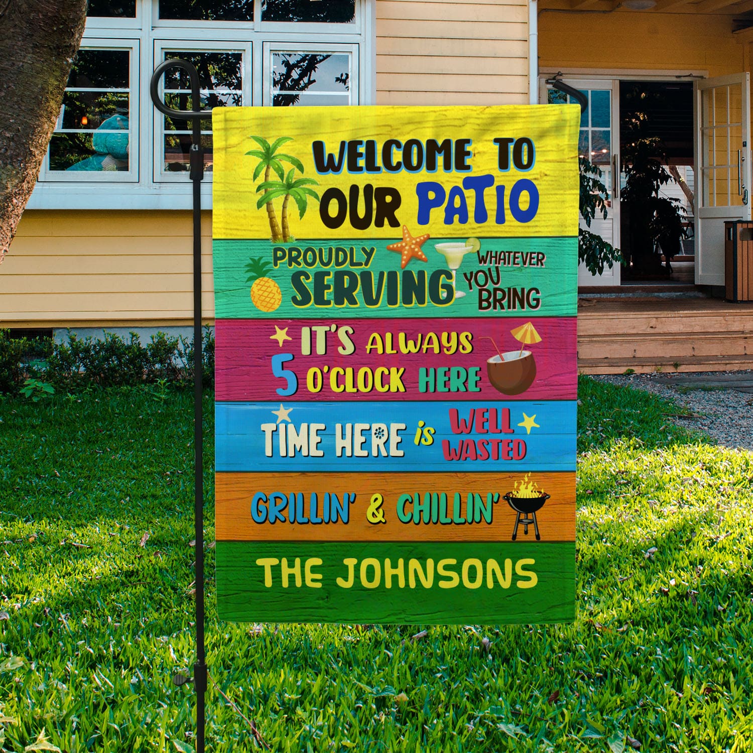 8VT. Welcom To Our Patio sample design Garden Flag Mockup 3