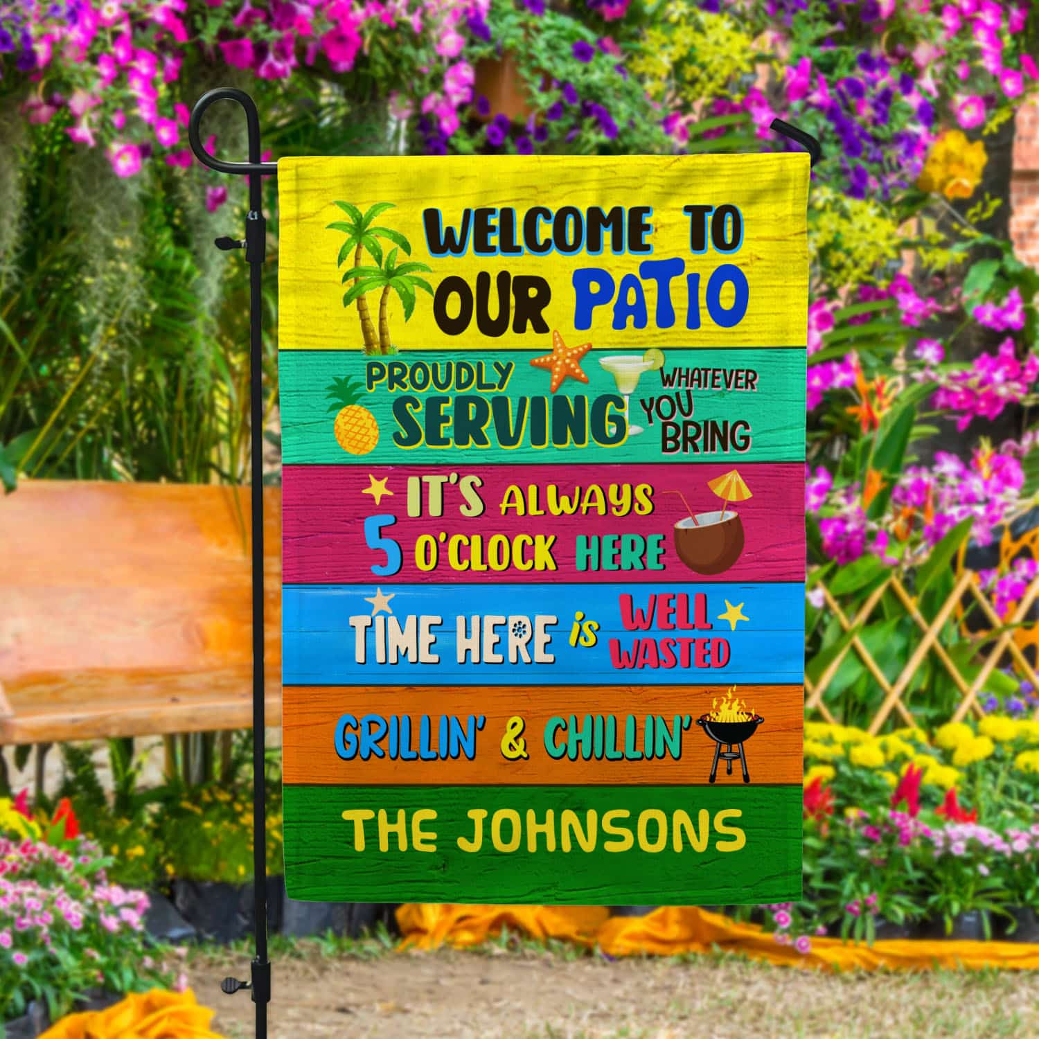 8VT. Welcom To Our Patio sample design Garden Flag Mockup 4