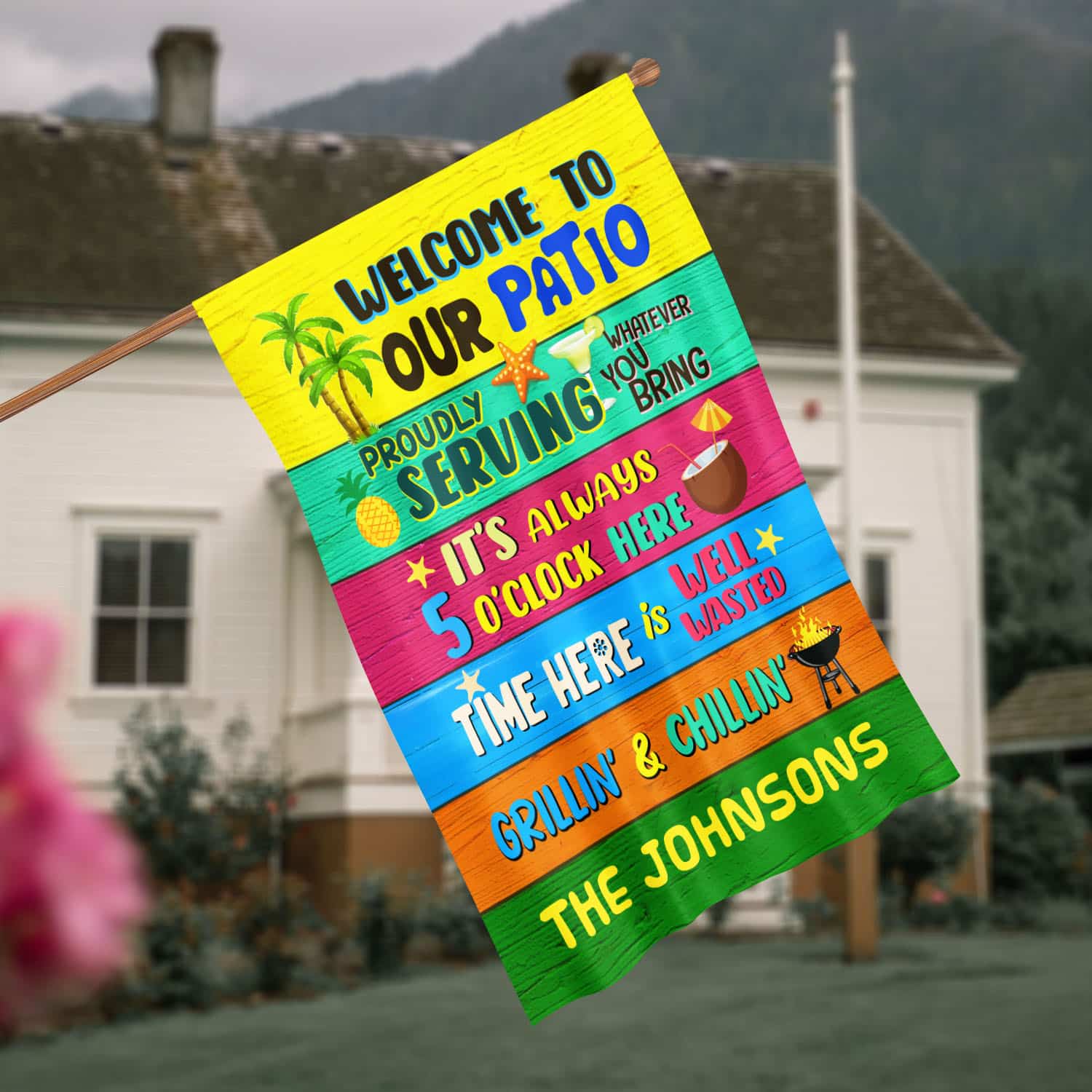 8VT. Welcom To Our Patio sample design House Flag Mockup 4