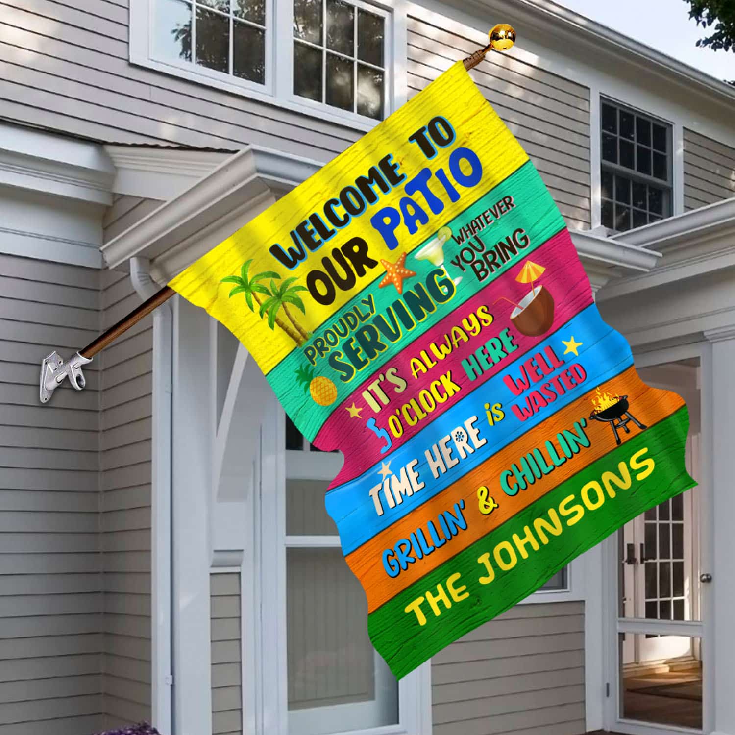 8VT. Welcom To Our Patio sample design House Flag Mockup 6