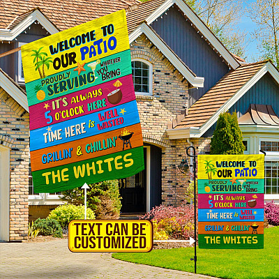 Alternative view of Personalized Welcome To Our Patio Proudly Serving Whatever You Bring Outdoor House Flag - Home Garden Flag