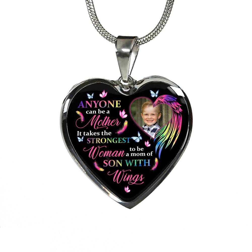Personalized Photo Strongest Woman To Be A Mom Of Son With Wings Heart Pendant Necklace - Son With Wings Gift