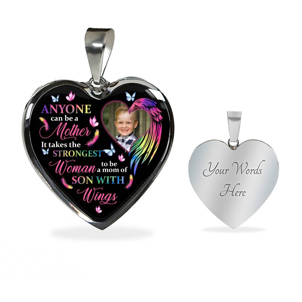 Personalized Photo Strongest Woman To Be A Mom Of Son With Wings Heart Pendant Necklace - Son With Wings Gift