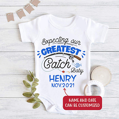Expecting Our Greatest Catch Personalized Baby Name Baby Onesie - Baby Infant Bodysuit