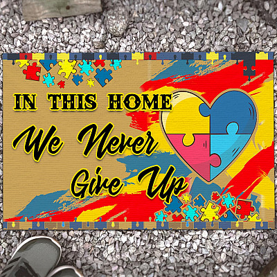 Alternative view of In This House We Never Give Up Autism Awareness Puzzle Entrance Indoor Outdoor Decorative Doormat