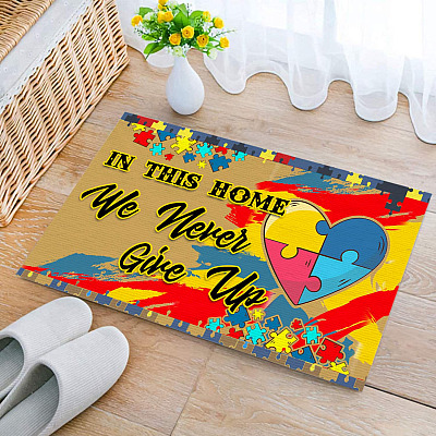In This House We Never Give Up Autism Awareness Puzzle Entrance Indoor Outdoor Decorative Doormat