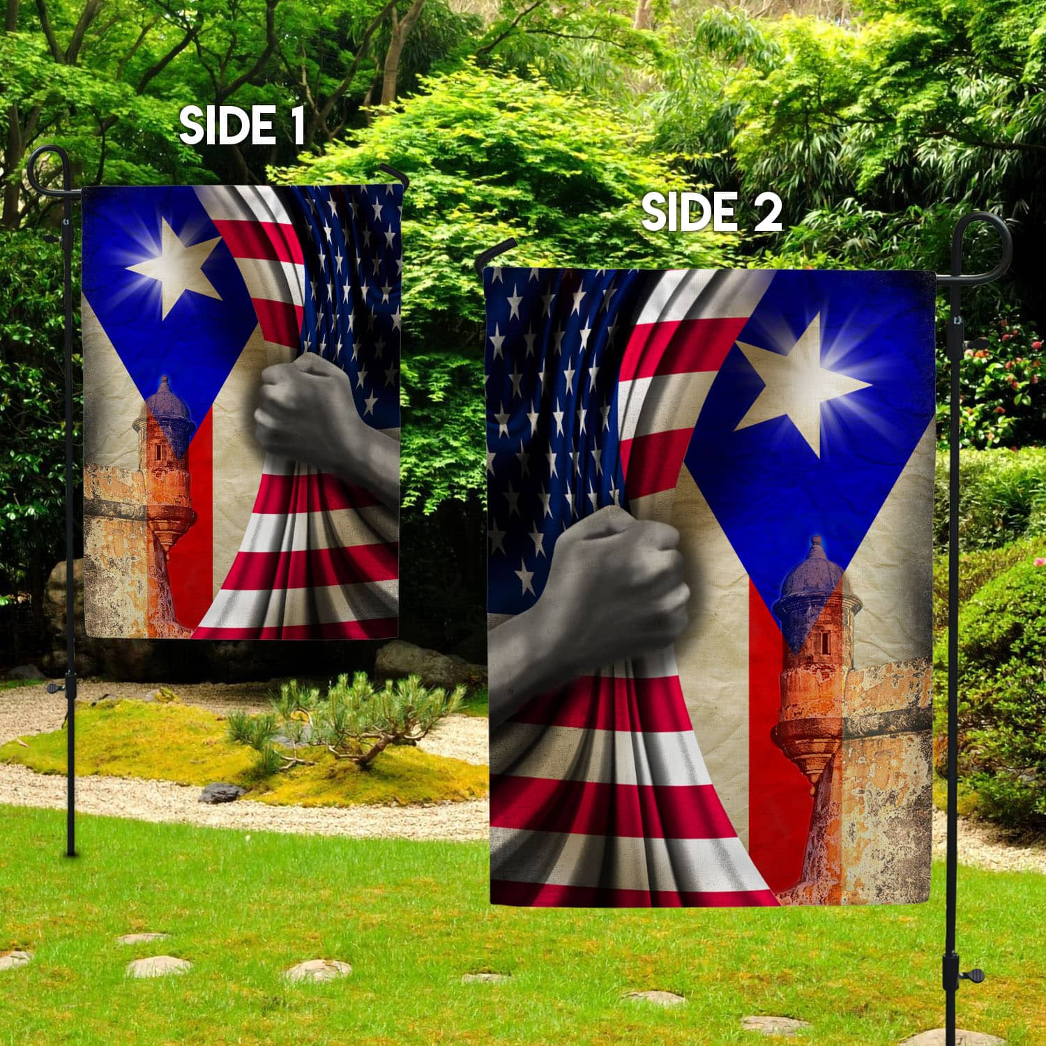 1O. American Puerto Rican-30x40-side1 Garden Flag Mockup 2 Side