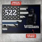 Personalized Police Badge Number Thin Blue Line Lives Matter American Flag Framed Canvas - Unframed Poster