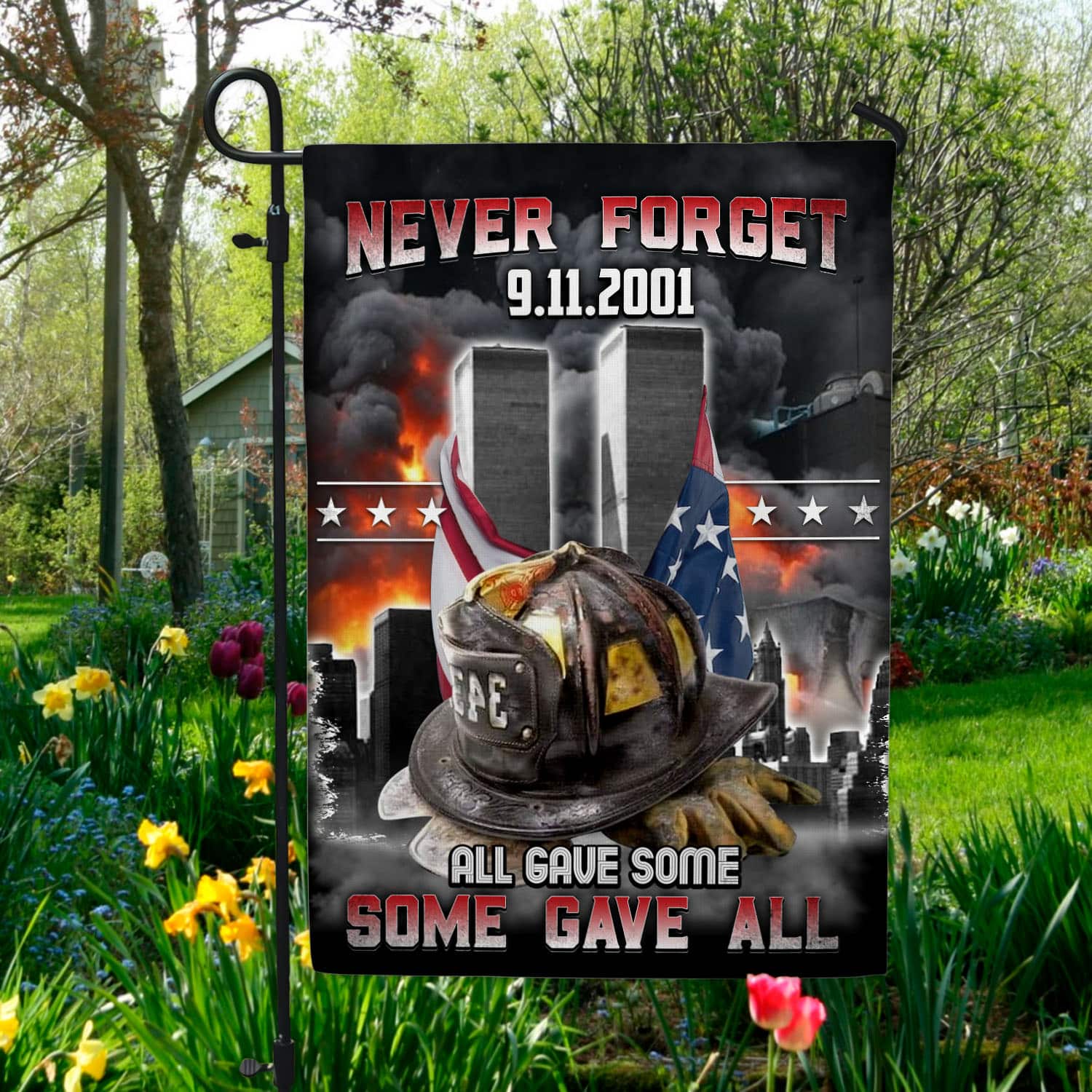 5VT. Firefighter Never Forget All Gave Some Garden Flag Mockup 5