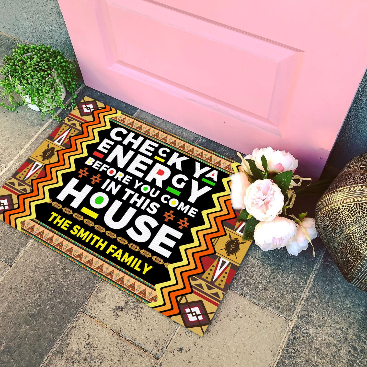 8VT. Check Ya Energy African (Sample Design) Doormat mockup 4