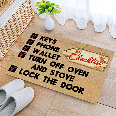 Alternative view of Keys Phone Wallet Turn Off Oven Lock The Door Funny Reminder Indoor Outdoor Decorative Doormat