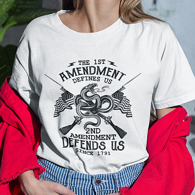 Alternative view of 1st Amendment Defines Us 2nd Amendment Defends Us Since 1791 T-shirt