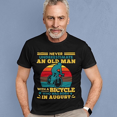 Alternative view of Never Underestimate And Old Man With A Bicycle Who Was Born In August Vintage Retro Riding T-Shirt for Men