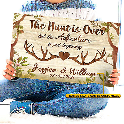 Alternative view of The Hunt Is Over But The Adventure Is Just Beginning Personalized Name Framed Canvas - Hunting Wedding Unframed Poster
