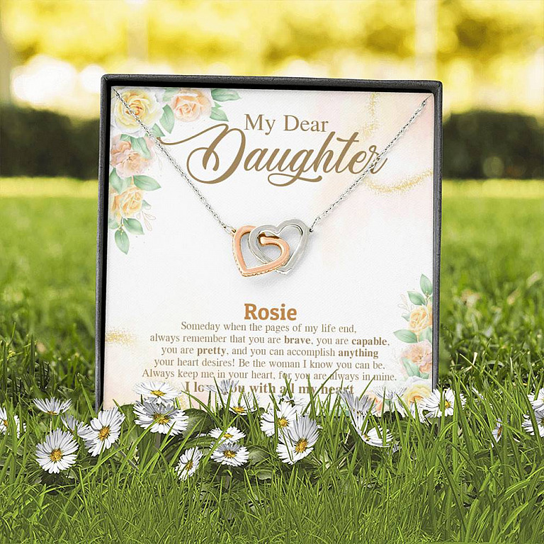 Personalized Name My Dear Daughter You Are Brave I Love You with All My Heart Interlocking Hearts Necklace