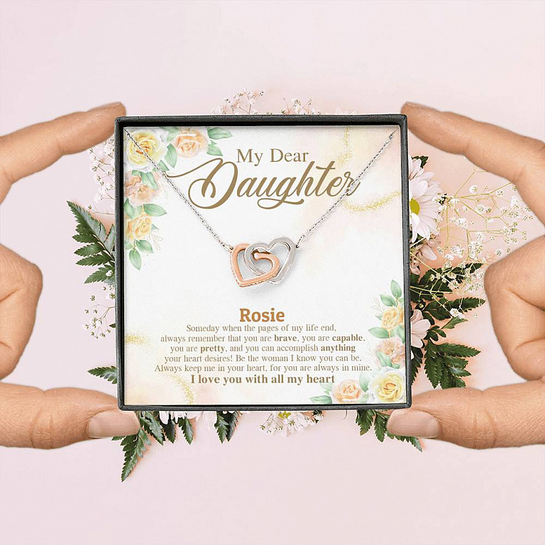Personalized Name My Dear Daughter You Are Brave I Love You with All My Heart Interlocking Hearts Necklace