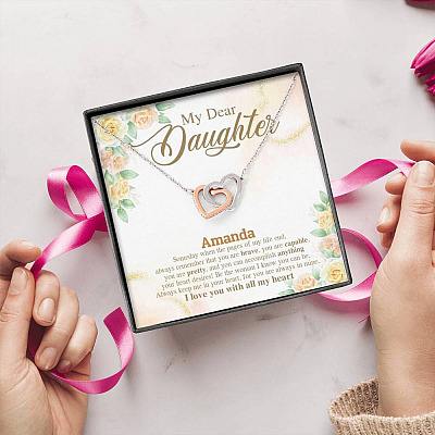 Alternative view of Personalized Name My Dear Daughter You Are Brave I Love You with All My Heart Interlocking Hearts Necklace