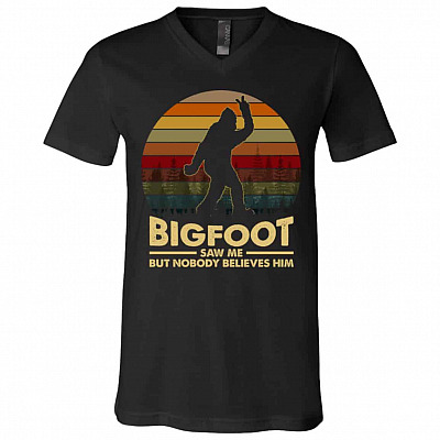 Bigfoot Saw Me Tshirt Vintage, Black, V-Neck T-Shirt