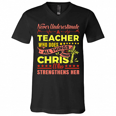 teacher, Black, V-Neck T-Shirt