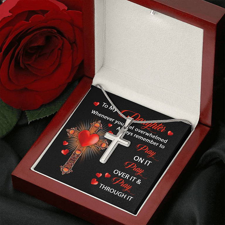 To My Daughter Whenever You Feel Overwhelmed Always Remember to Pray On It Cross Pendant Necklace