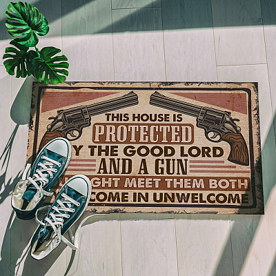 Alternative view of This House Is Protected by the Good Lord and a Gun Outdoor Indoor Mat - 2nd Amendment Doormat