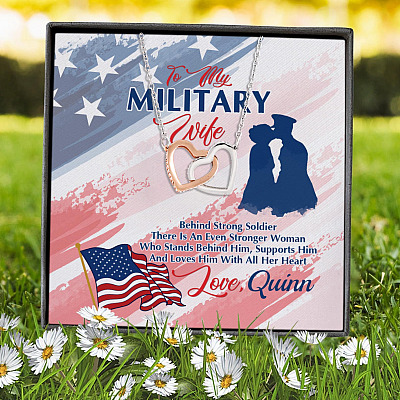 Alternative view of Personalized Name To My Military Wife Behind Every Strong Soldier Interlocking Hearts Pendant Necklace
