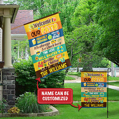Alternative view of Personalized Welcome To Our Patio Proudly Serving Whatever You Bring Garden Flag - Custom Summer House Flag