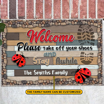 Personalized Family Doormat Welcome Please Take Off Your Shoes and Stay Awhile Funny Decorative Doormat