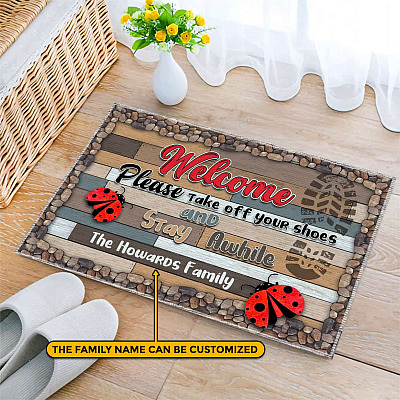 Alternative view of Personalized Family Doormat Welcome Please Take Off Your Shoes and Stay Awhile Funny Decorative Doormat