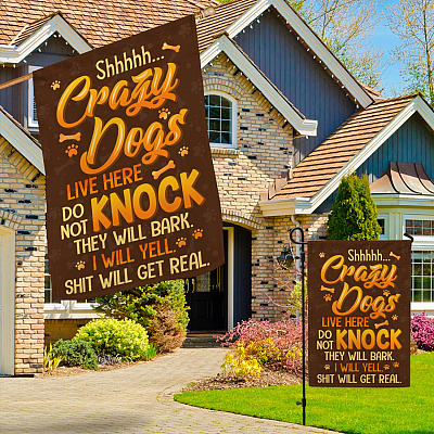 Alternative view of Crazy Dogs Live Here Do Not Knock They Will Bark Outdoor Indoor Decorative Garden Flag-House Flag-Wall Flag
