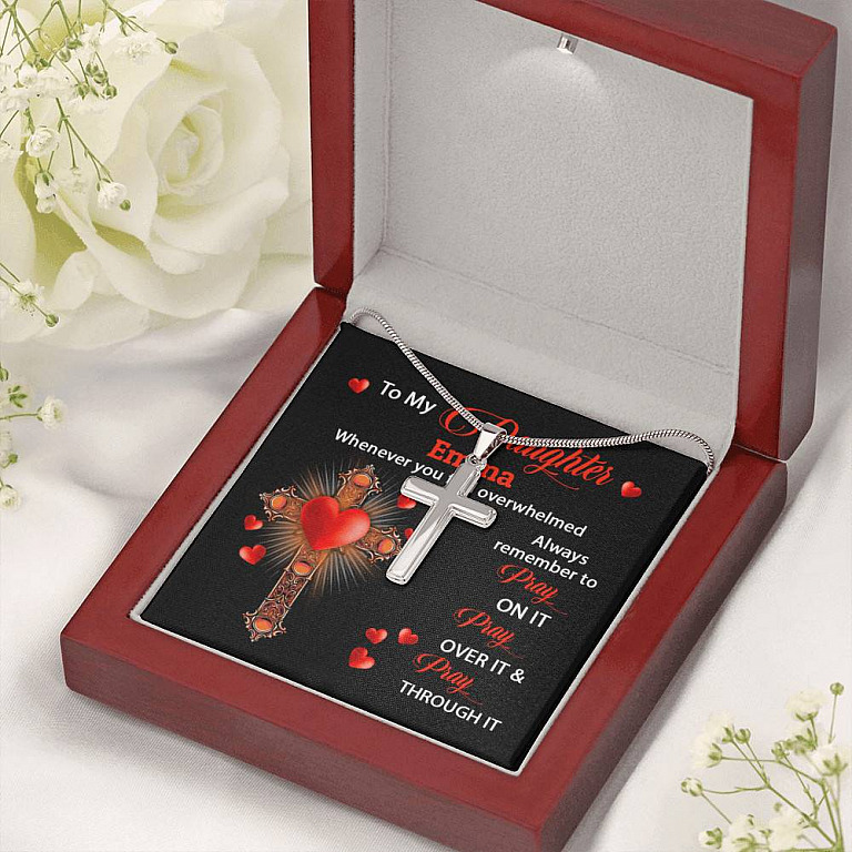 Personalized Name To My Daughter Whenever You Feel Overwhelmed Remember To Pray On It Cross Pendant Necklace