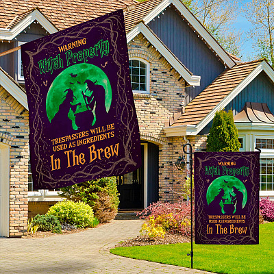 Alternative view of Halloween Warning Witch Property Trespassers Will Be Used as Ingredients Decorative Garden Flag - House Flag