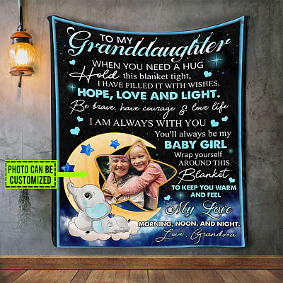 Personalized Photo Elephant Grandma To My Granddaughter When You Need A Hug Fleece Blanket - Mink Sherpa Blanket