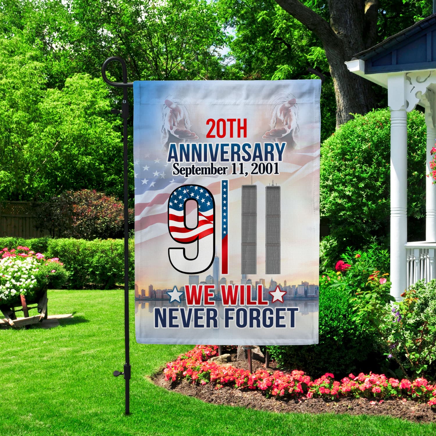 3VT. We Will Never Forget Garden Flag Mockup 2