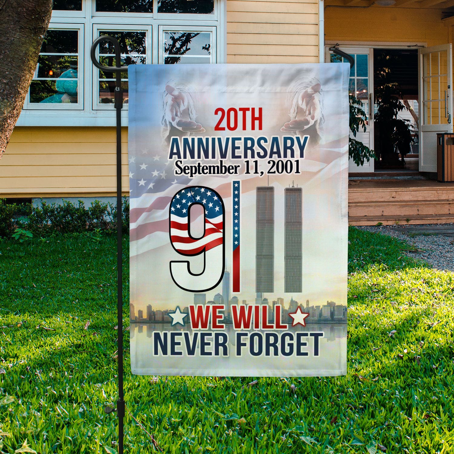 3VT. We Will Never Forget Garden Flag Mockup 3