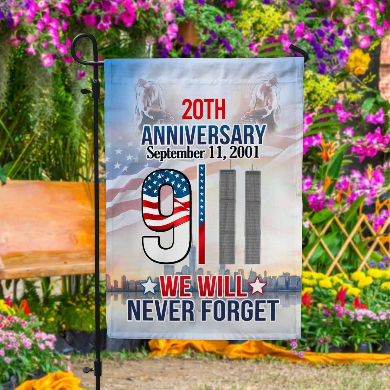 3VT. We Will Never Forget Garden Flag Mockup 4