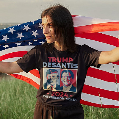 Alternative view of Trump DeSantis 2024 The Freedom Ticket Funny T-Shirt - V-Neck Shirt