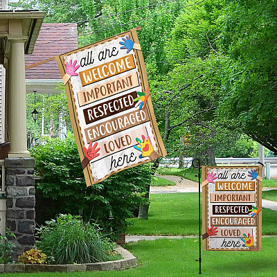 Alternative view of All Are Welcome Important Respected Encouraged Loved Here Decorative Garden Flag - House Flag - Wall Flag