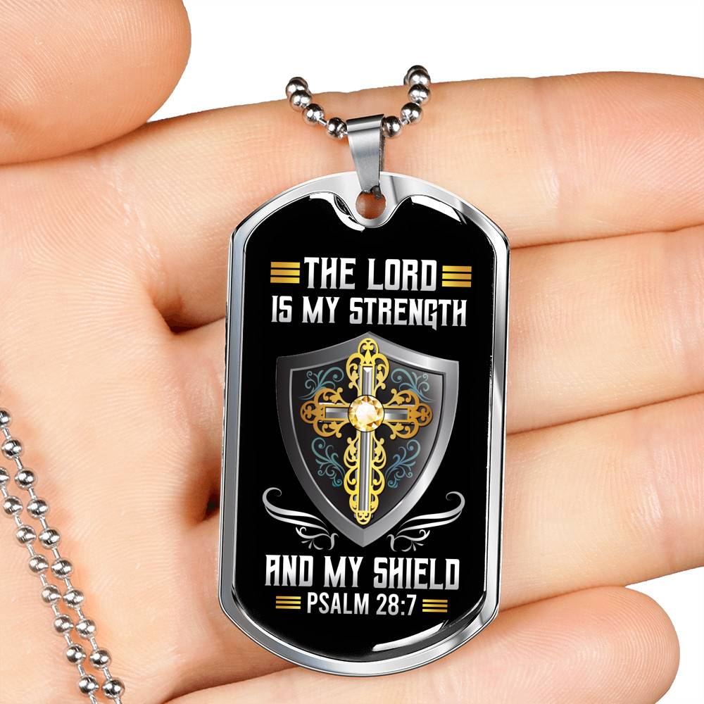 Cross the Lord Is My Strength and My Shield Christian Dog Tag Pendant Necklace