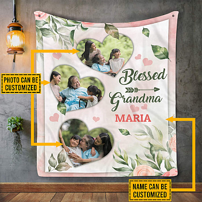Personalized Photo Gifts From Grandchild Blessed Grandma Floral Fleece Blanket - Mink Sherpa Blanket - Woven Blanket