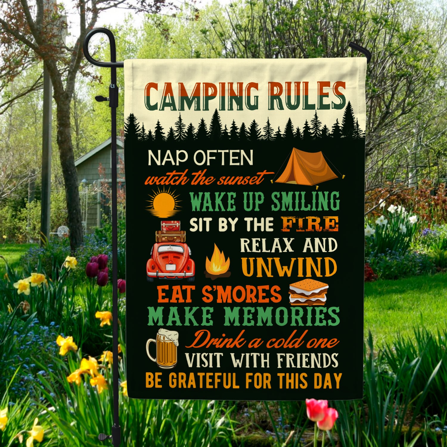 4KNG. Camping Rules FLAG - 30x40 Garden Flag Mockup 5