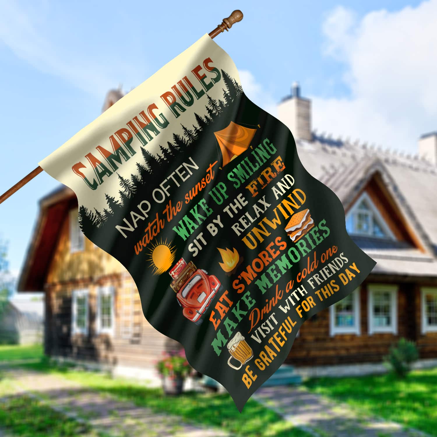 4KNG. Camping Rules FLAG - 30x40 House Flag Mockup 5