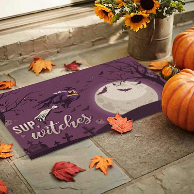 Alternative view of Sup Witches Halloween Decorations Witches Broom Doormat Entrance Indoor Outdoor Decorative Doormat