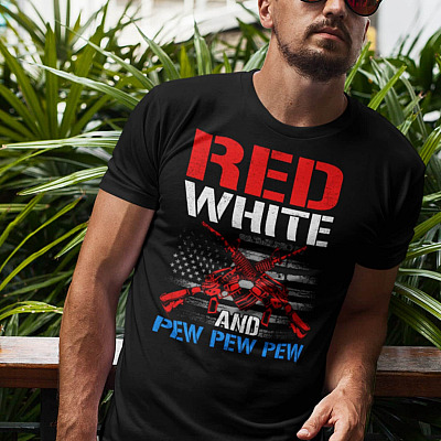 Red White Pew Pew Pew Patriotic American Flag T-Shirt - V-Neck Shirt