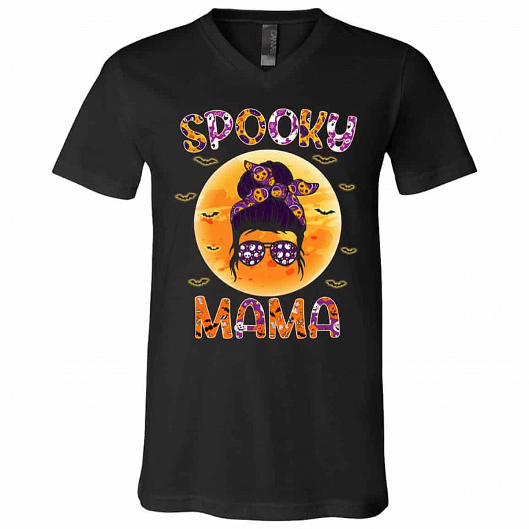 Spooky Mama Messy Tshirt, Black, V-Neck T-Shirt